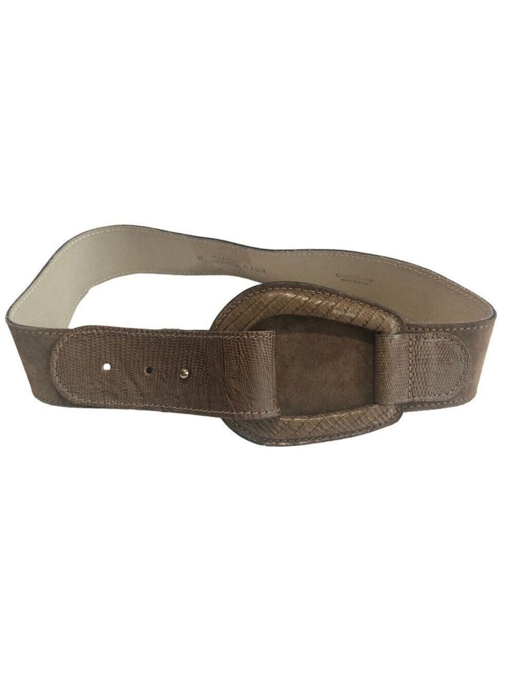 Anne Klein leather belt with loop fastener. Beige reptile print and suede. Sz M